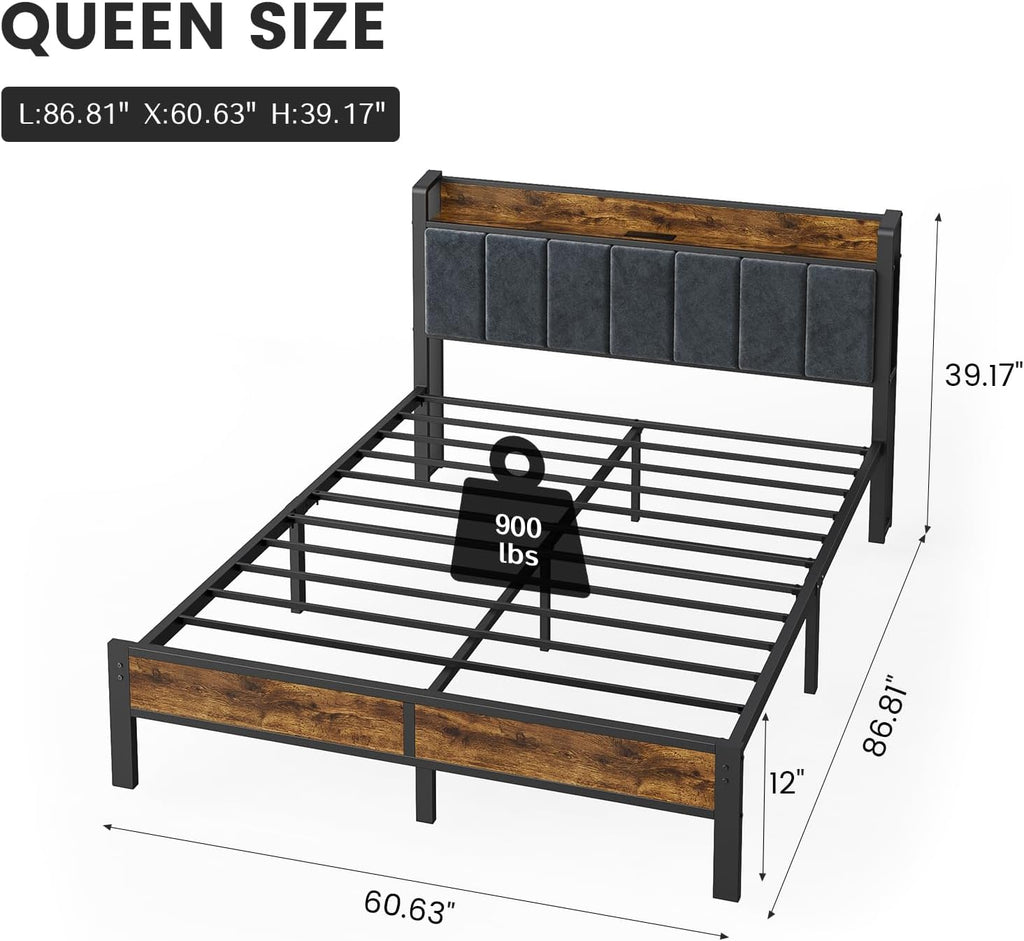 PROTEA Queen Size Bed Frame with LED Lights and Charging Station, Upholstered Storage Headboard, Heavy Duty Metal Platform with Slats, Noise Free, No Box Spring Needed, Easy Assembly