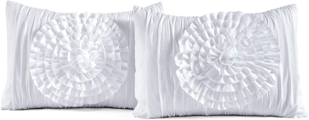Lush Décor Serena 3 Piece Ruched Flower Comforter Set - White - Full/Queen