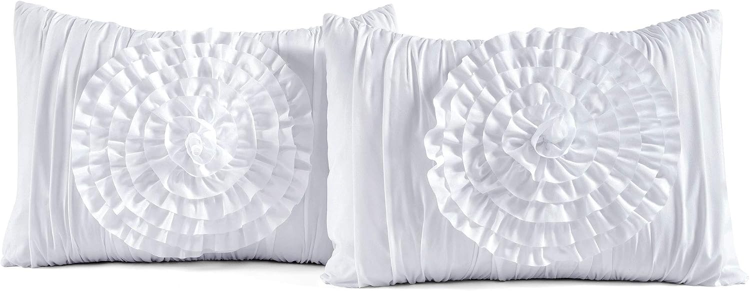 Lush Décor Serena 3 Piece Ruched Flower Comforter Set - White - Full/Queen