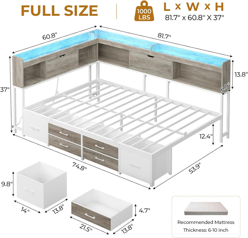 AOGLLATI Full Size Corner Bed Frame with 6 Storage Drawers and Bookcase Hidden Headboard, Full Bed Frame Metal Platform Daybed with Charging Station and LED Lights for Kids Teens, Grey