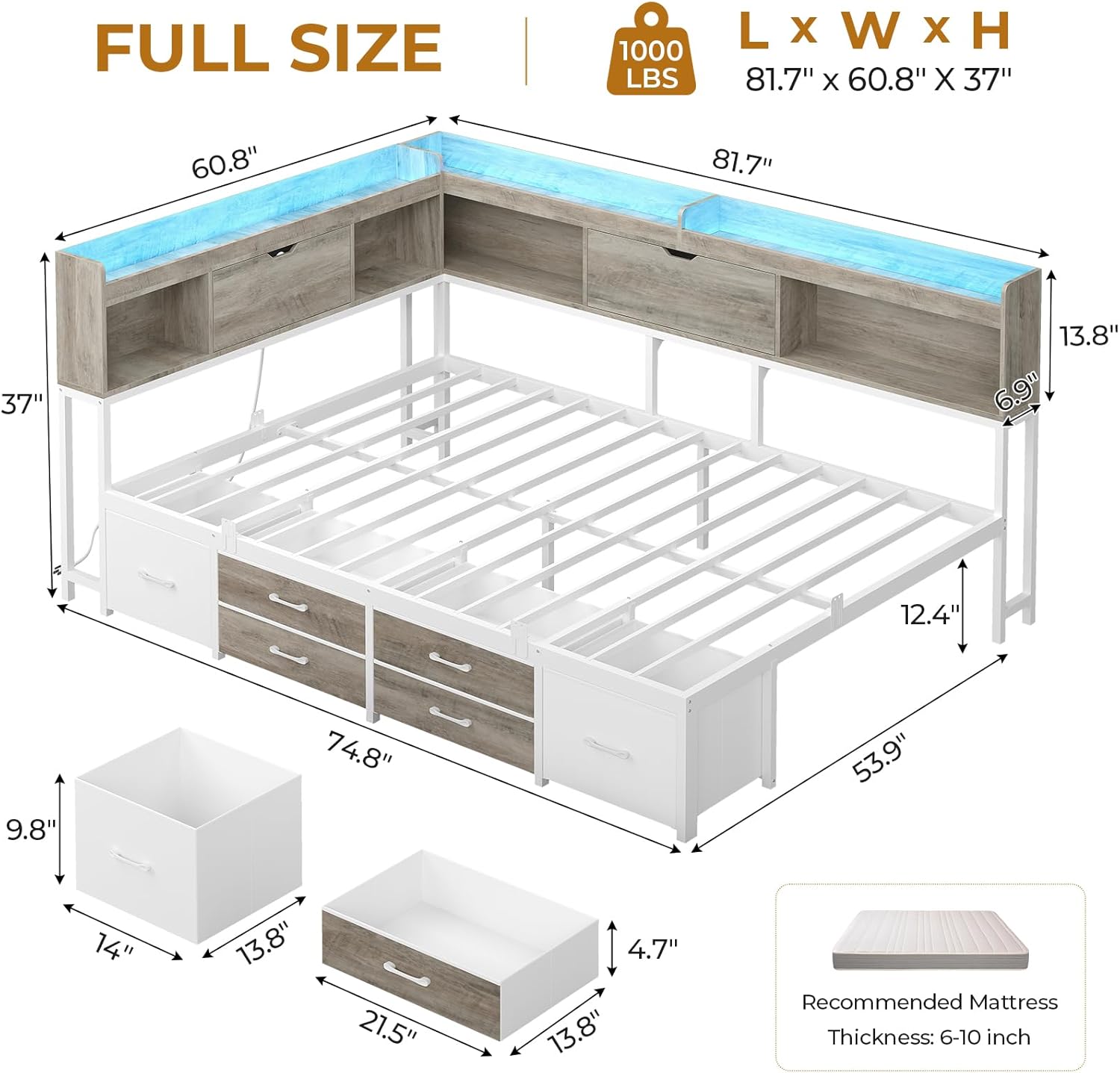 AOGLLATI Full Size Corner Bed Frame with 6 Storage Drawers and Bookcase Hidden Headboard, Full Bed Frame Metal Platform Daybed with Charging Station and LED Lights for Kids Teens, Grey
