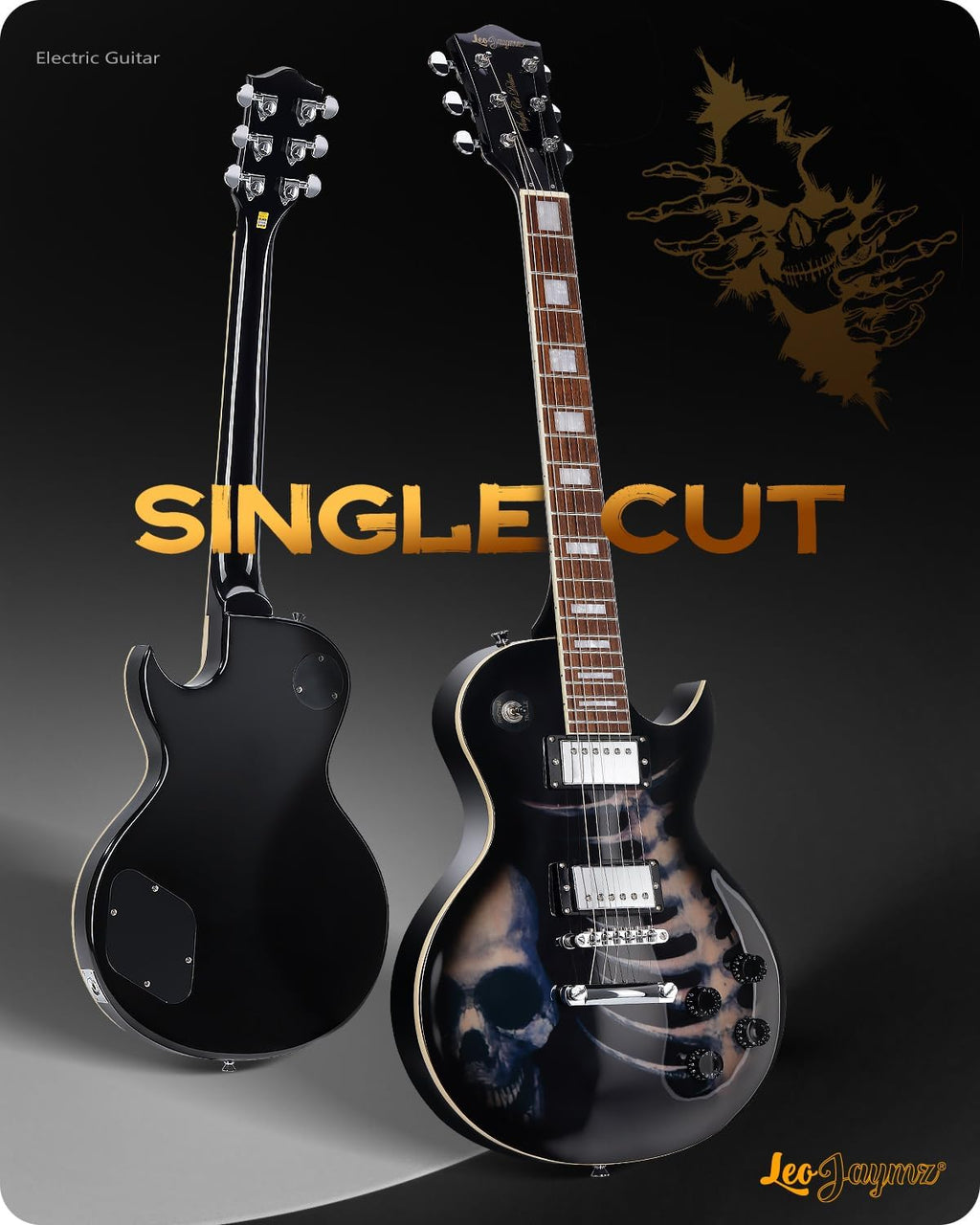 Leo Jaymz SC Series Electric Guitar – Mahogany Body, Laurel Fingerboard, Dual Humbuckers, Tune-O-Matic Bridge, C Neck, 18:1 Tuners (Skull)