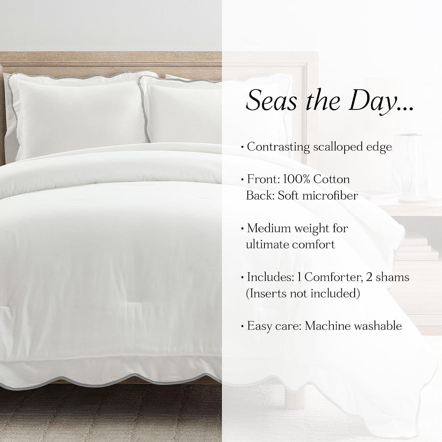 Lush Decor Coastal Chic Scalloped Edge Comforter Set, 3 Piece Set King/California King, Gray & White - King Bedding Set - White Comforter King Size - Coastal Decor