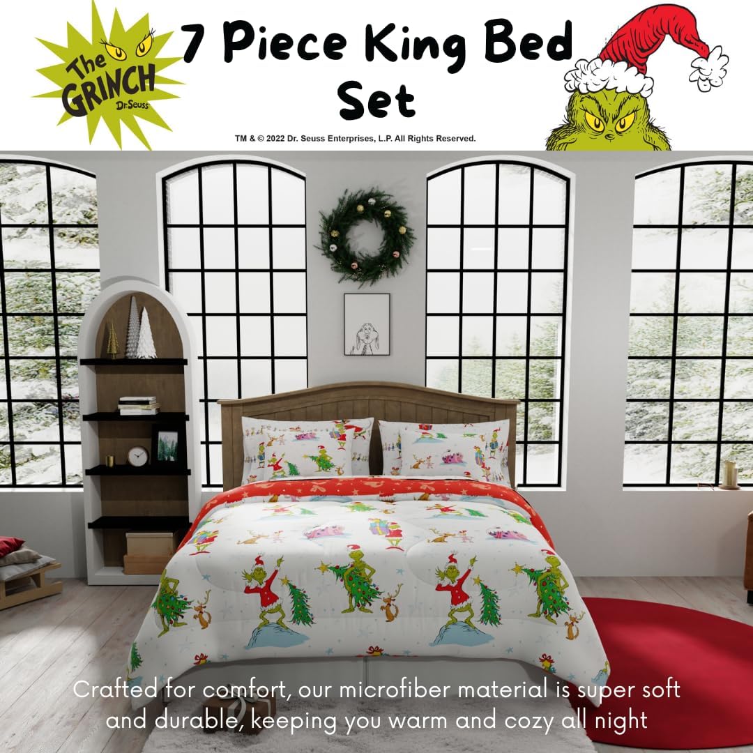 Grinch by Dr. Seuss Holiday & Christmas Bedding Super Soft Comforter and Sheet Set with Sham, 7 Piece King Size (Official Dr. Seuss Product) by Franco