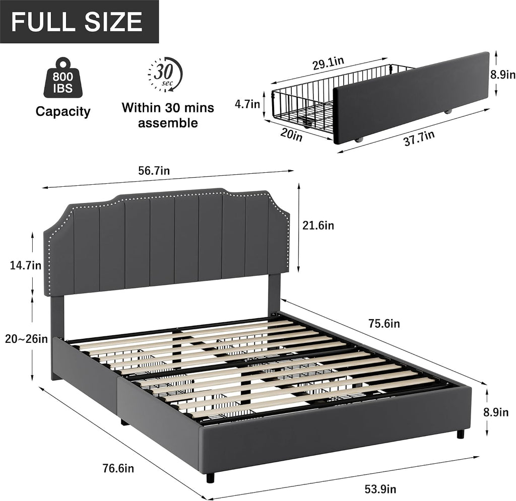 VECELO Full Bed Frame 4 Storage Drawers & Upholstered Platform &Tufted Adjustable Headboard/Mattress Foundation/Wood Slat Support,Easy Assembly,Dark Grey