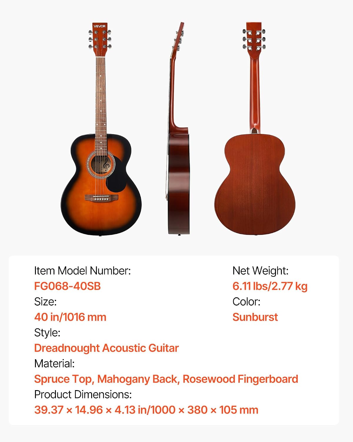 VEVOR Dreadnought Acoustic Guitar, 40 in, 6-String Sunburst Solid Top Guitar, Beginner Bundle with Gig Bag, Tuner, Strap, Steel Strings, Picks, Capo, Rosewood Fingerboard, for Adults, Skilled Players