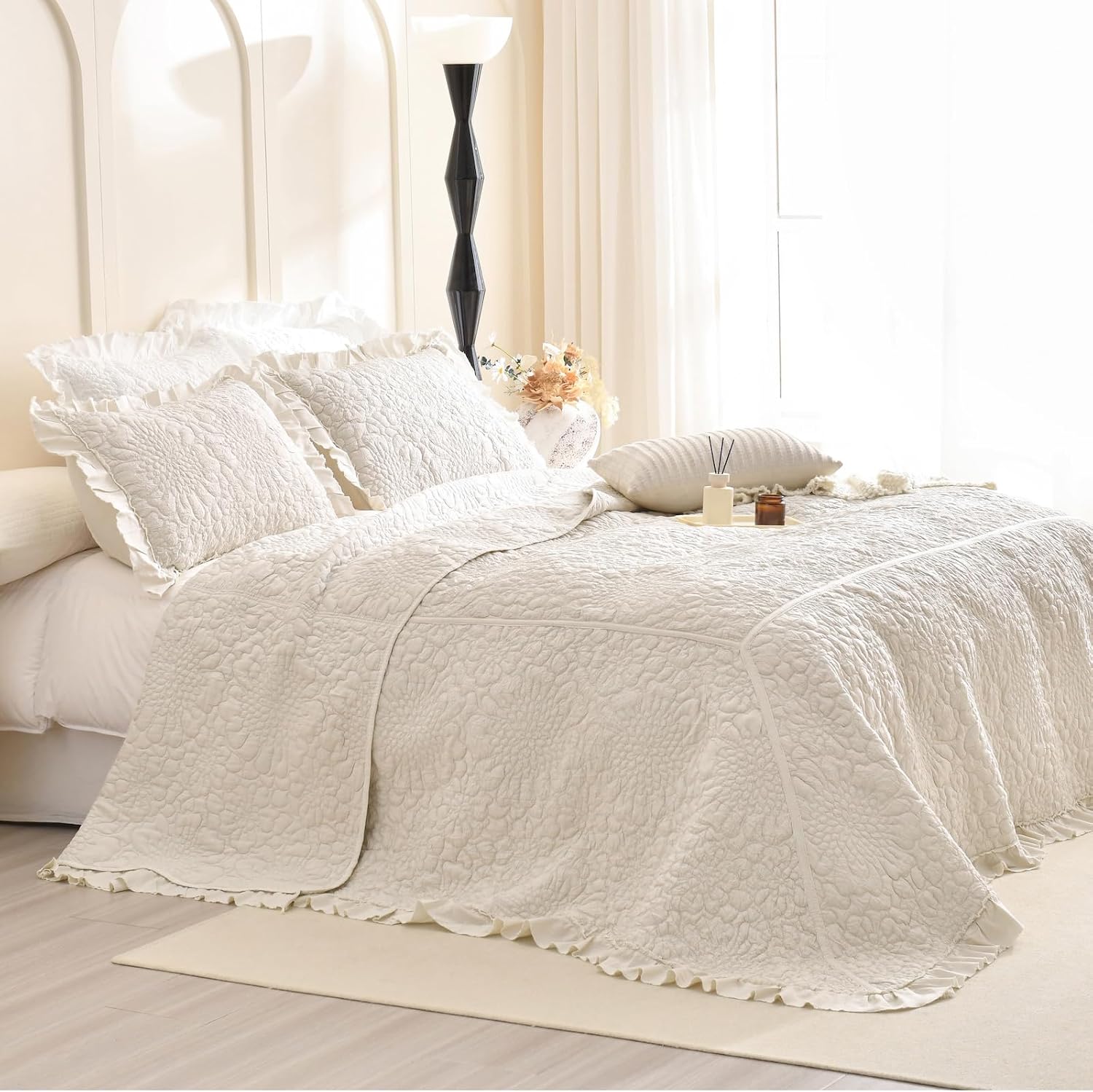 Lady Ann Wheat Quilt Sets Queen 102x118,Stone-Washed Lightweight Ruffle Coverlet, 3Pcs Quilted Crinkled Shabby Bedspread Set Farmhouse Rustic Bedding Set for All Season