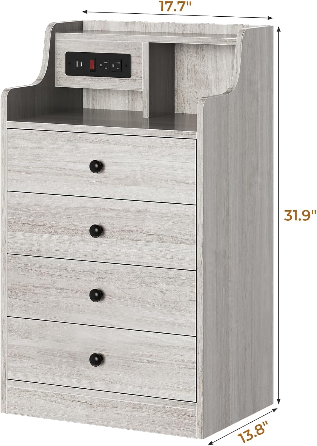 ADORNEVE Night Stand Set 2,Grey Nightstand with Charging Station & Hutch,Night Stands for Bedrooms Set of 2,Bedside Table with 4 Drawers