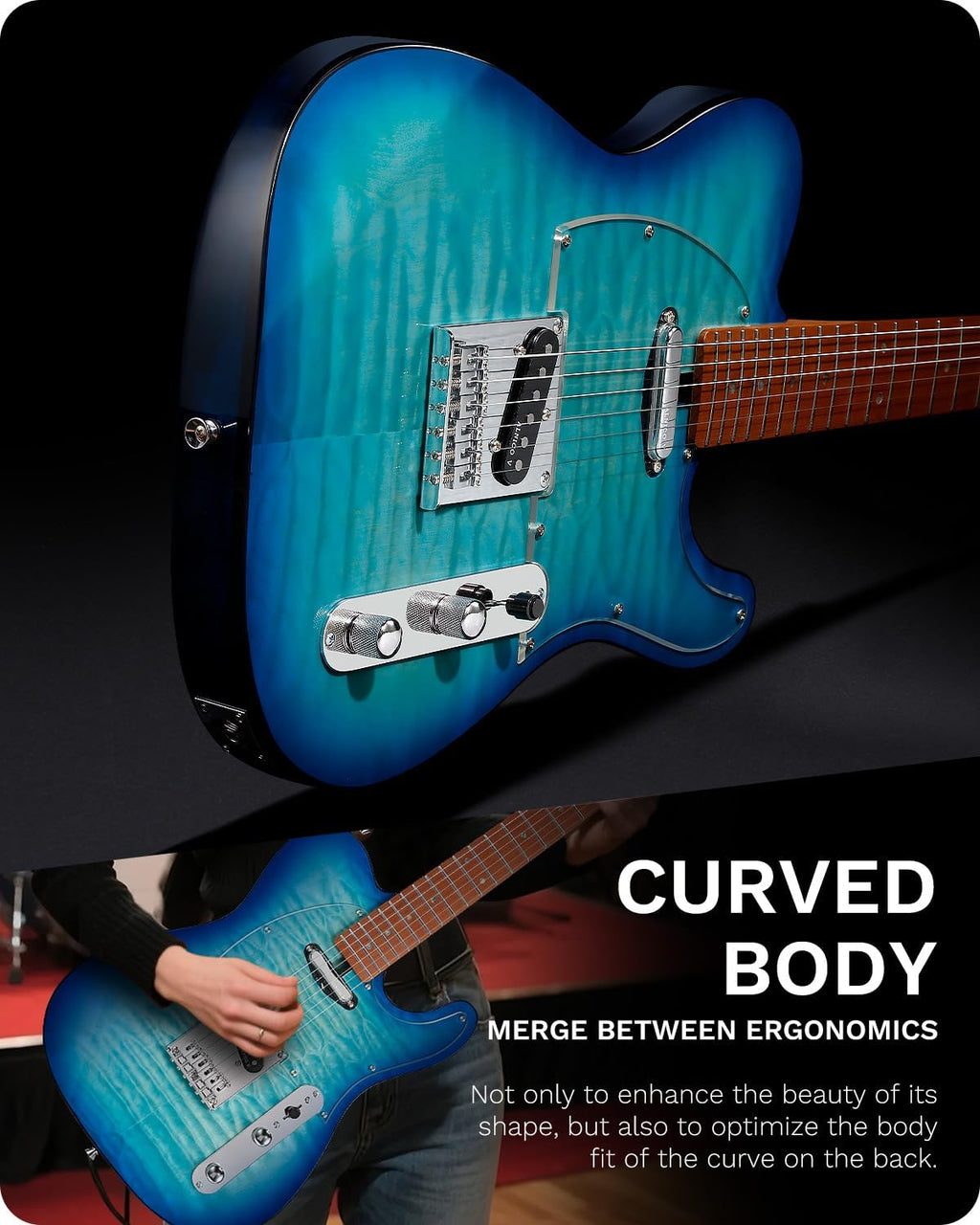 Leo Jaymz TL Electric Guitar - Ocean Maple Top, Mahogany Body, Maple Neck - Alnico V Pickups, Locking Tuners- Solid Choice for Beginners & Intermediate Players (Blue Ocean)