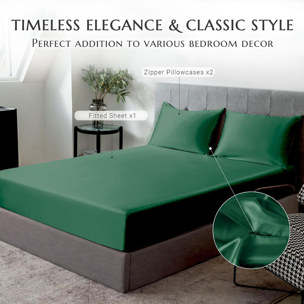 THXSILK 100% Mulberry Silk Fitted Sheet Set, 7A+ Silk 3 Pieces Bed Sheets, Breathable, Smooth, 16 Inch Deep Pocket Fitted Sheet, 2 Pillowcases - Emerald Green, Full