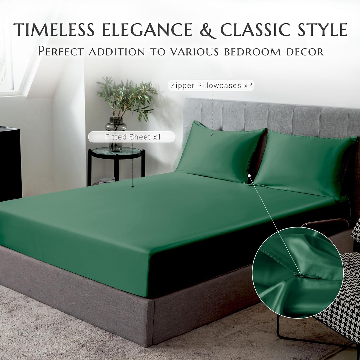 THXSILK 100% Mulberry Silk Fitted Sheet Set, 7A+ Silk 3 Pieces Bed Sheets, Breathable, Smooth, 16 Inch Deep Pocket Fitted Sheet, 2 Pillowcases - Emerald Green, Full