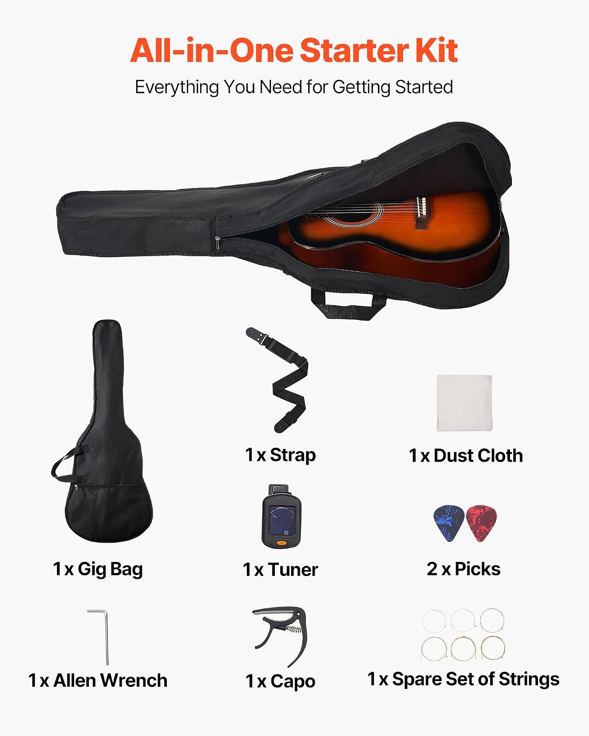 VEVOR Dreadnought Acoustic Guitar, 40 in, 6-String Sunburst Solid Top Guitar, Beginner Bundle with Gig Bag, Tuner, Strap, Steel Strings, Picks, Capo, Rosewood Fingerboard, for Adults, Skilled Players