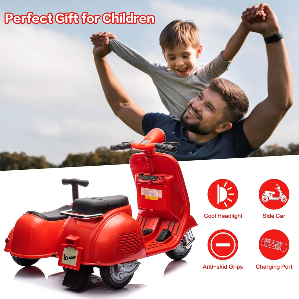Licensed Vespa Kids Ride On Car with Side Car & Speaker | Motorcycle 2 Seater Three Wheeled Toy Car Rechargeable with Music Player, Volume Button, Lights, USB Plug, Forward, Backward, Red