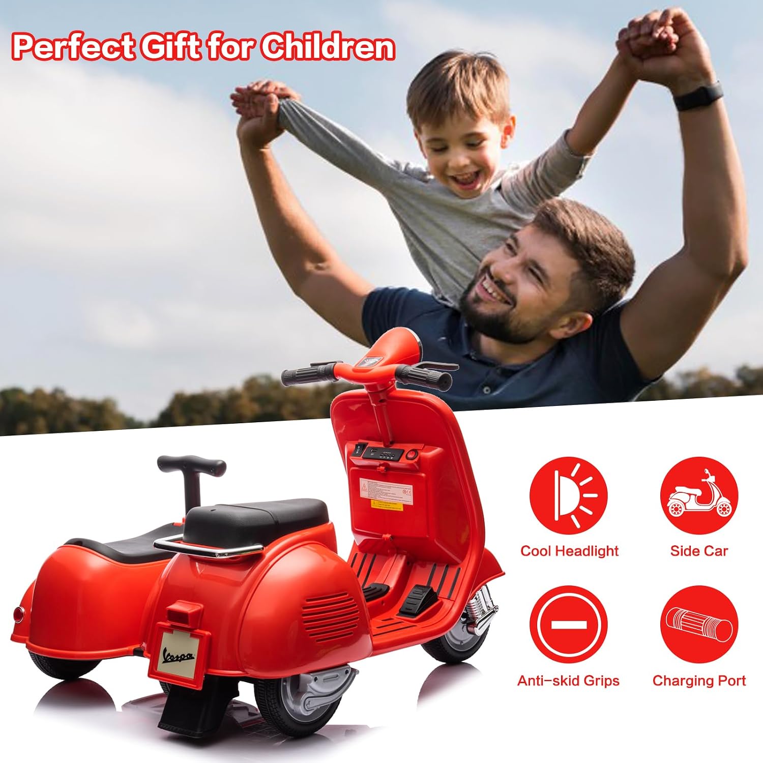 Licensed Vespa Kids Ride On Car with Side Car & Speaker | Motorcycle 2 Seater Three Wheeled Toy Car Rechargeable with Music Player, Volume Button, Lights, USB Plug, Forward, Backward, Red