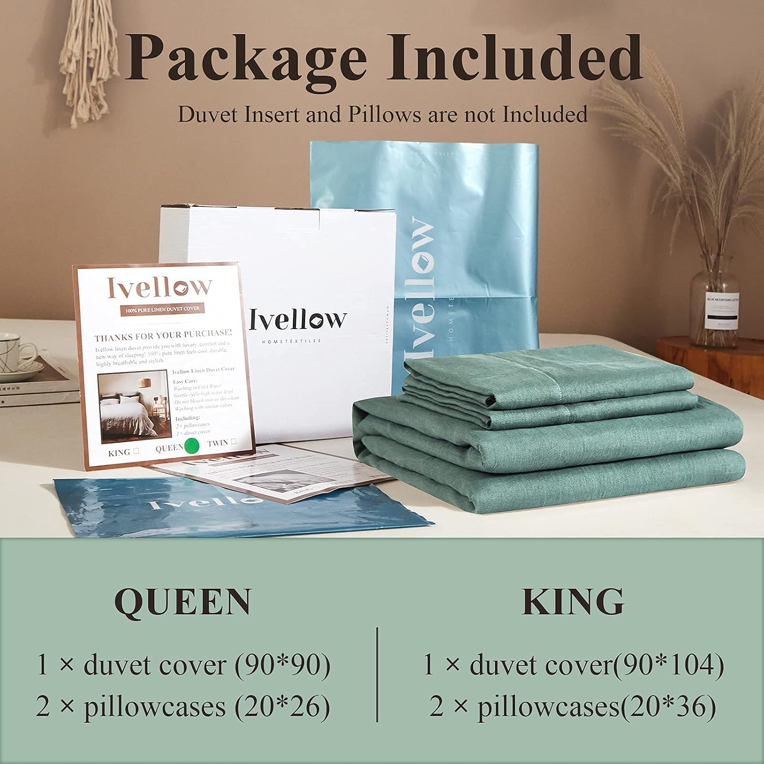 Ivellow Green Linen Duvet Cover King - 100% Pure French Flax Linen - Soft, Breathable, Natural - King Size Duvet Cover & 2 Pillow Shams