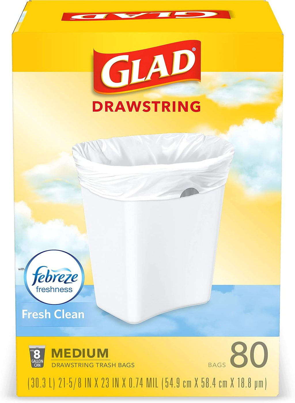 Glad Medium Trash Bags, 8 Gallon, Febreze Fresh Clean Garbage Bags, With Odor Control and Drawstring, 80 Count (Pack of 12)