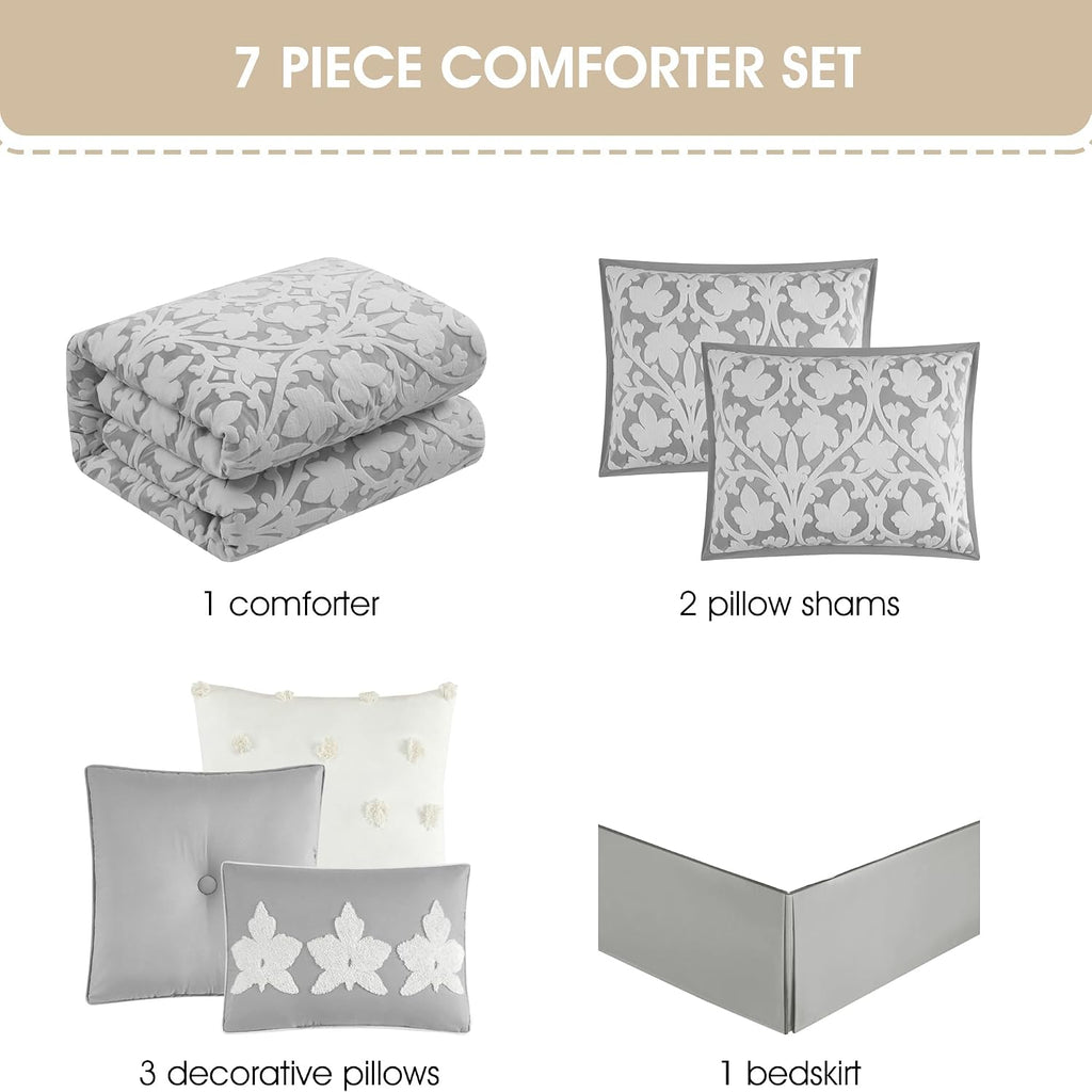 Grand Avenue 7 Piece White Grey Comforter Set, King Size Jacquard Bedding Set, All Season Floral Leaves Bedding, Matching Pillows, Shams, Bed Skirt