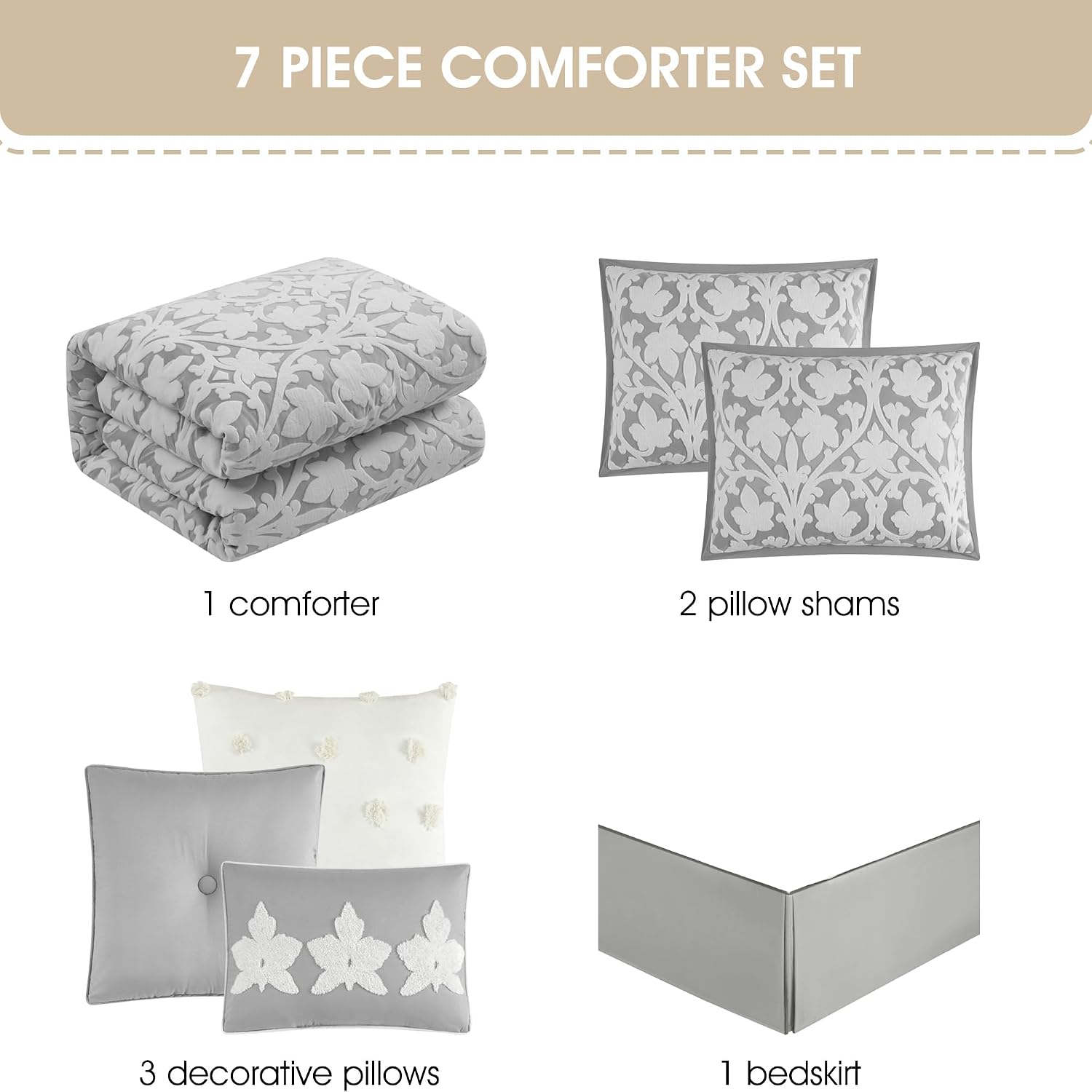 Grand Avenue 7 Piece White Grey Comforter Set, King Size Jacquard Bedding Set, All Season Floral Leaves Bedding, Matching Pillows, Shams, Bed Skirt