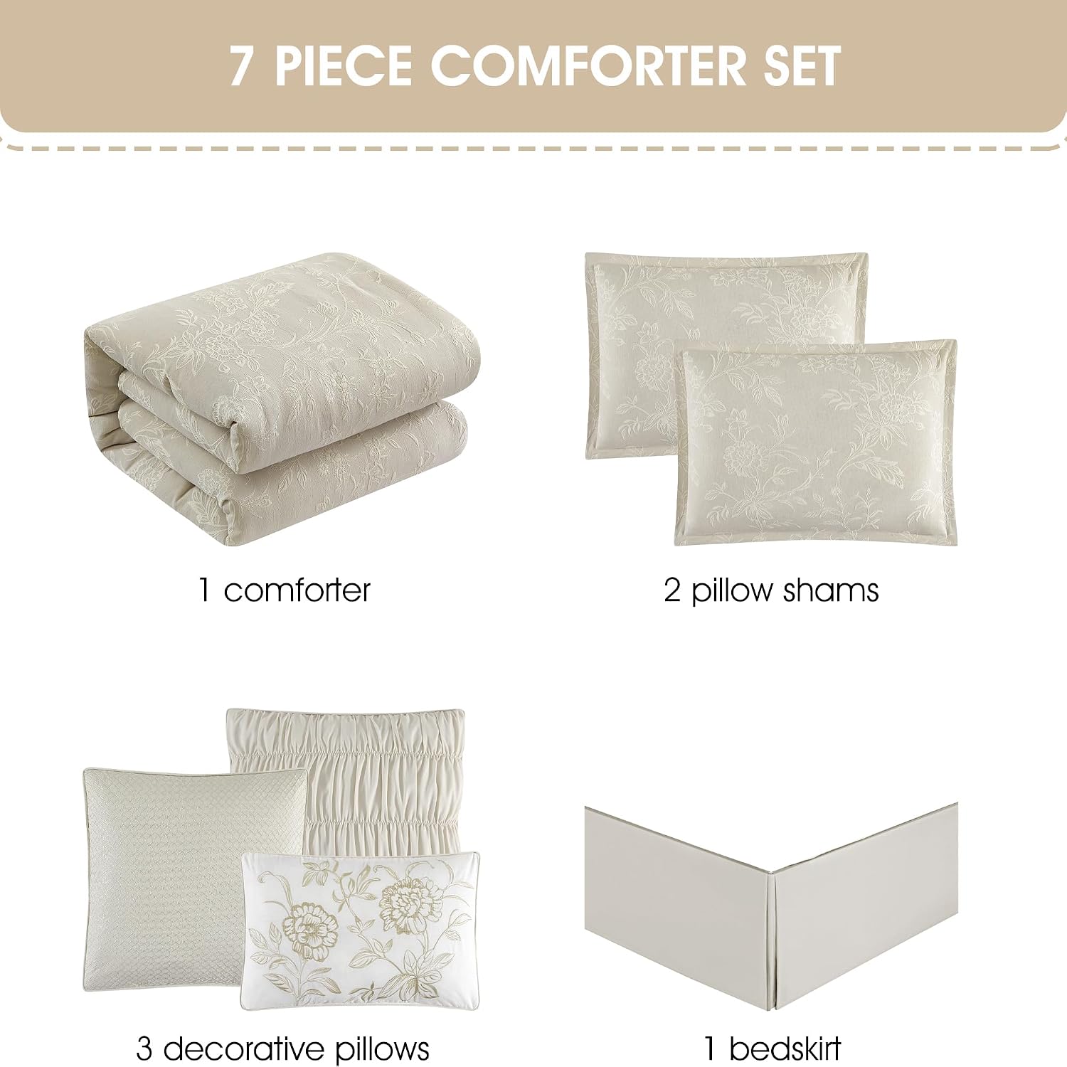 Grand Avenue Beige Cotton Blend Comforter Set, Elegant 7 Piece, Floral Jacquard King Size Bedding, All Season, Bedskirt, Pillows & Shams, Home Decor