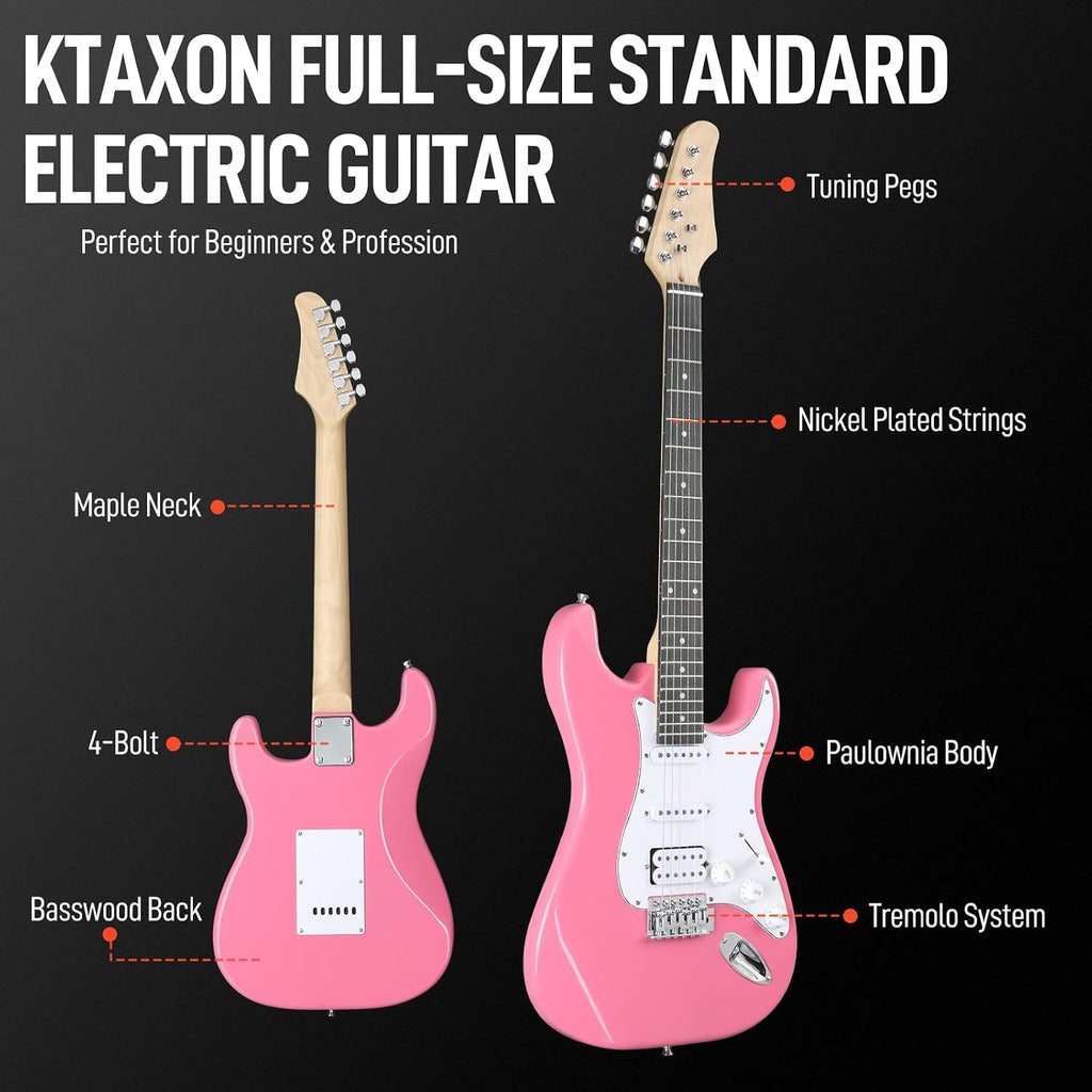 Ktaxon 39 Inch Electric Guitar Kit for Beginner, HSS Pickups 6 String Solid-Body Full Size Adults Electric Guitars W/Amplifier, Bag, Strap, Cable, Accessories - Rose Pink