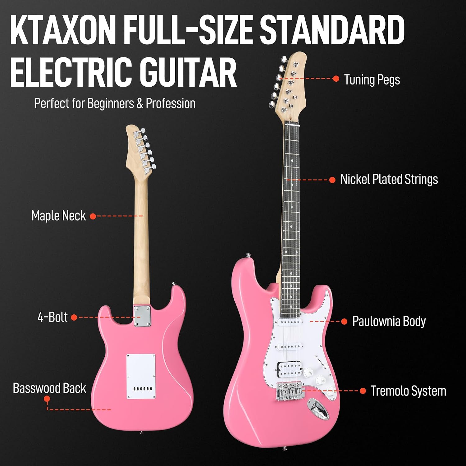Ktaxon 39 Inch Electric Guitar Kit for Beginner, HSS Pickups 6 String Solid-Body Full Size Adults Electric Guitars W/Amplifier, Bag, Strap, Cable, Accessories - Rose Pink
