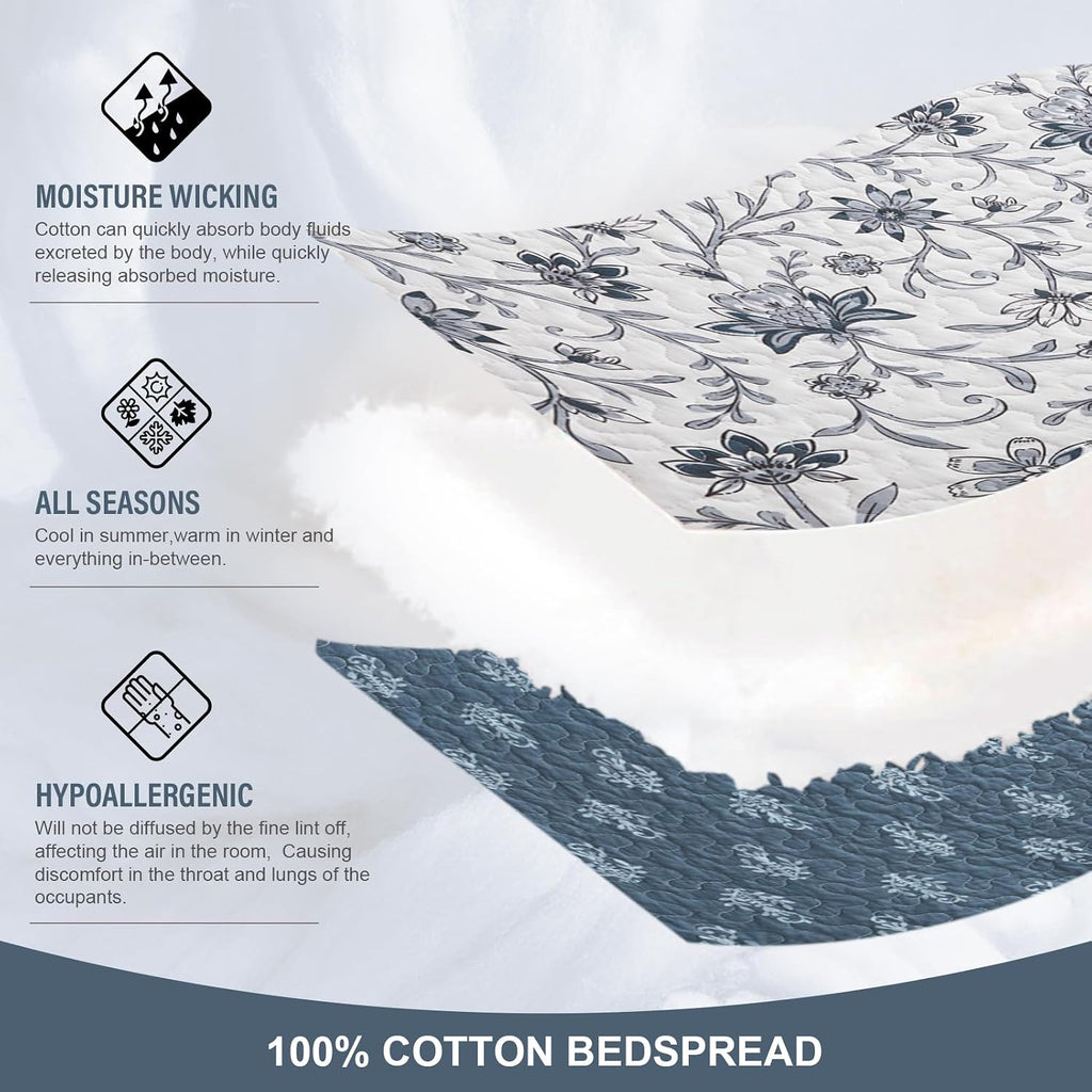 Oversized Queen Bedspreads 120'x102' - 100% Cotton Super King Quilt, Farmhouse Blue Floral Pattern, Extra Large Quilted Coverlet, Lightweight Reversible XL Bedding Set, 3 Pcs