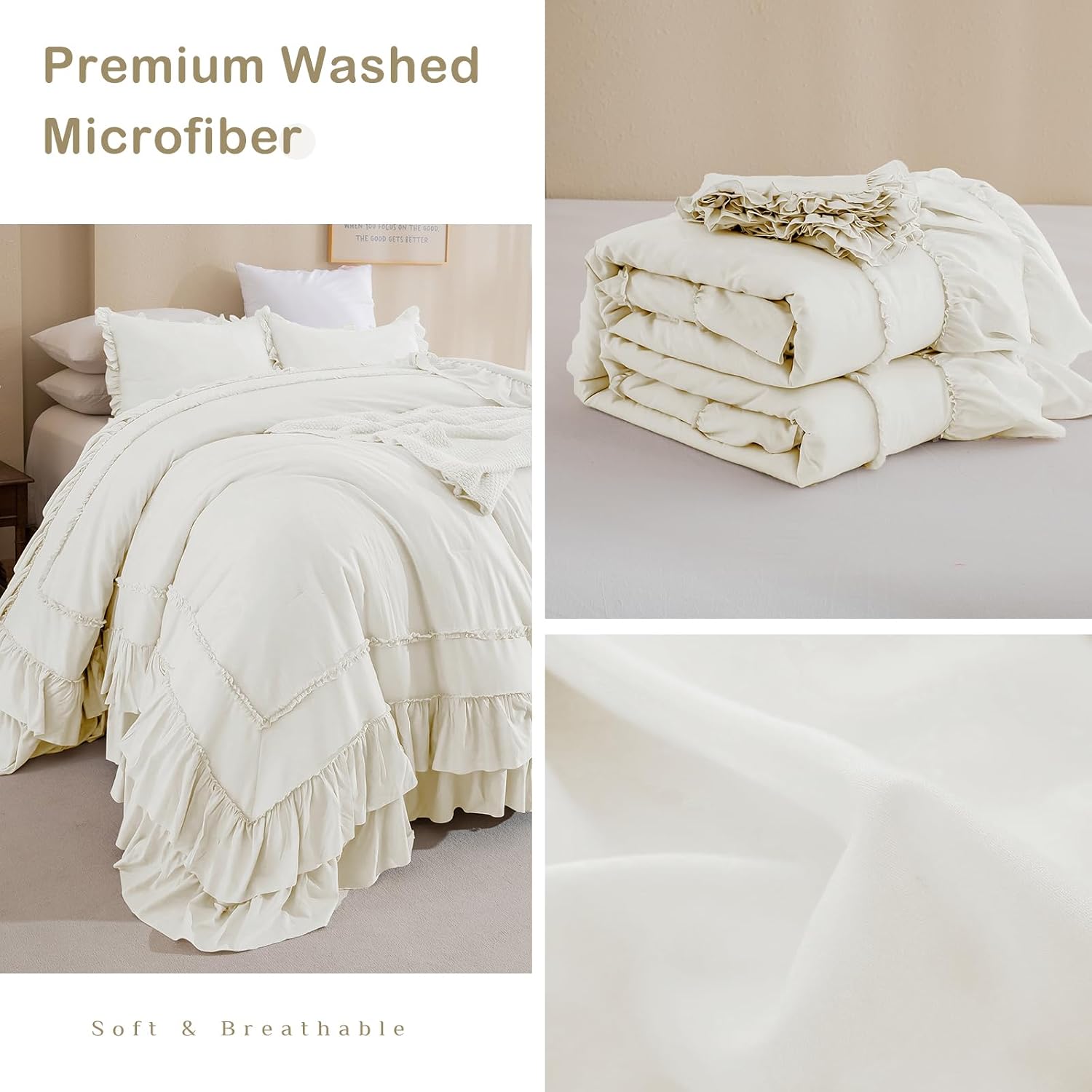Masaca Oversized King Comforter 120x120,Farmhouse Shabby Boho Chic Ruffle California King Comforter Set French Country Rustic Bedding 3PCS (1 Ivory Ruffled Comforter+2 Pillow Shams)