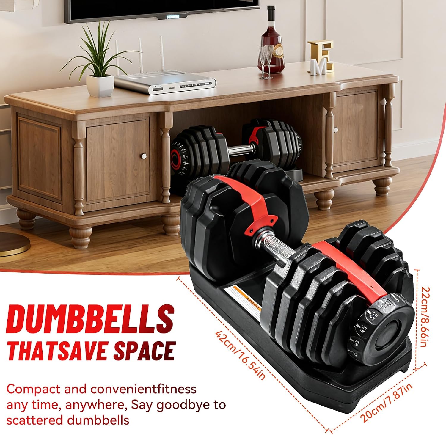 Adjustable Dumbbell Set, 2-in-1 Weights with Anti-Slip Handle, Fast Weight Adjustment for Home Gym, Strength Training, Single/Pair with Tray