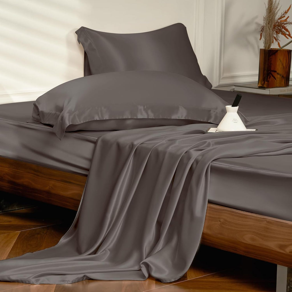 THXSILK 4pcs Silk Bed Sheets Set, 25 Momme Mulberry Silk Bedding Set, Sheets and Pillowcase Set, Extremely Soft and Luxurious (Charcoal, King)