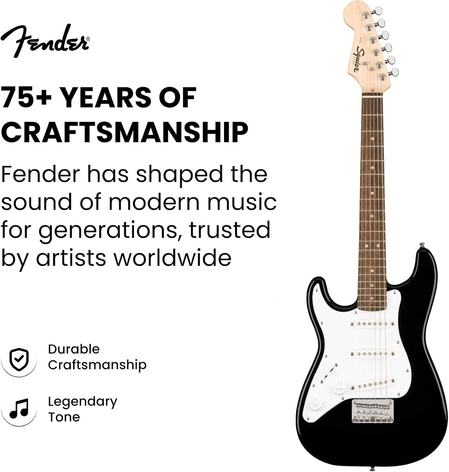 Fender Squier 3/4-Size Left-Handed Kids Mini Strat Electric Guitar - Black Bundle with Amplifier, Instrument Cable, Tuner, Strap, Picks, and Austin Bazaar Instructional DVD