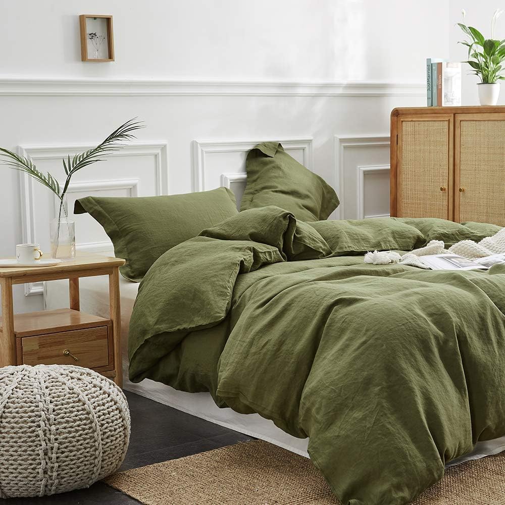 Simple&Opulence 100% Linen Duvet Cover Set, 3 PCS Olive Green Duvet Cover California King Size, Breathable Soft Comfy Linen Bedding Comforter Cover with 2 Pillowcases(Olive Green, 104'x98')