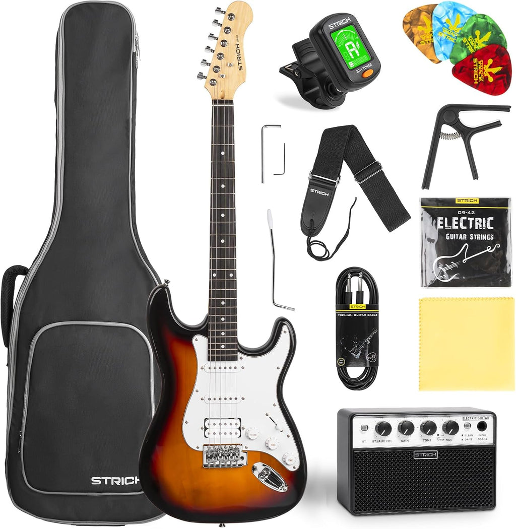 STRICH Electric Guitar Beginner Kit, Solid Body 39' Full Size Electric Guitar HSS Pick Up for Starter, with 10W Amp, Bag, Digital Tuner, Capo, Strap, String,Cable, Picks, SST-S20 Sunburst