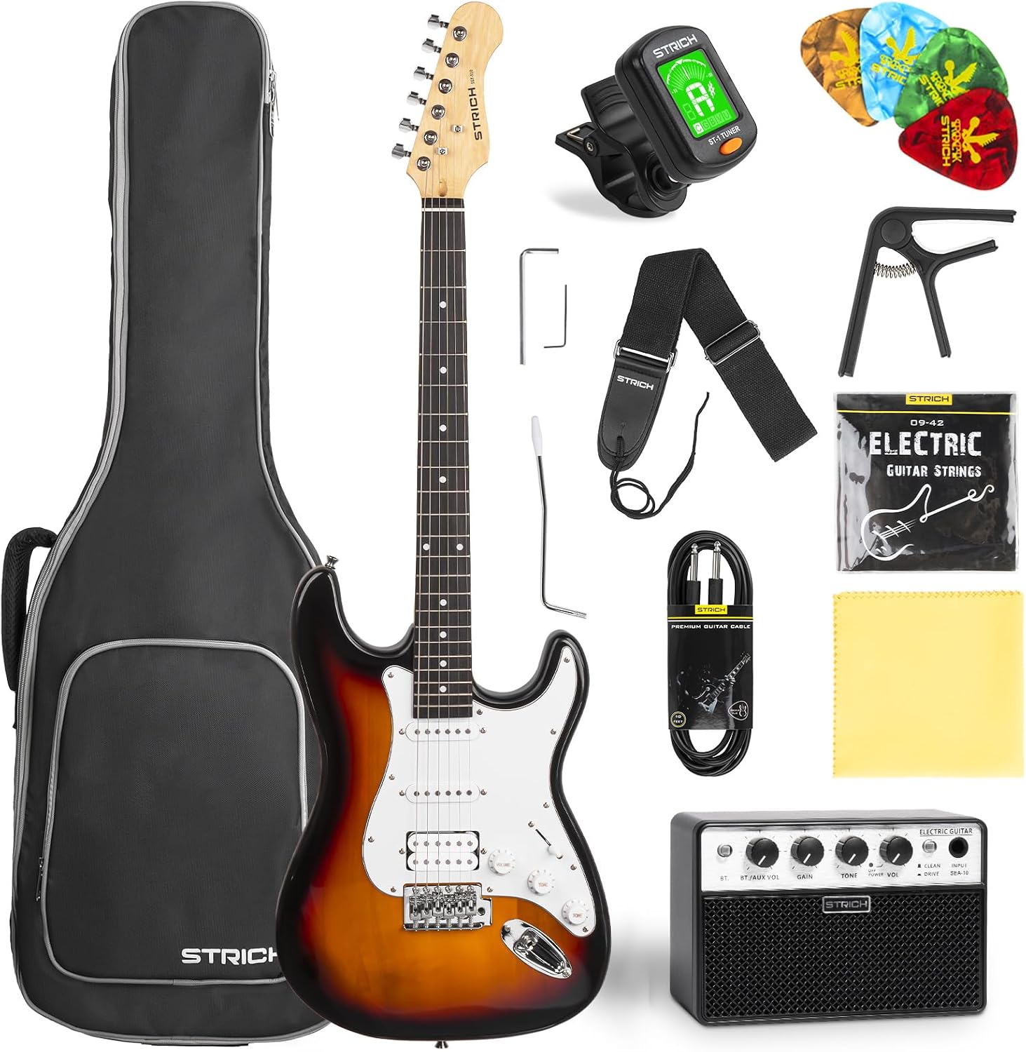 STRICH Electric Guitar Beginner Kit, Solid Body 39' Full Size Electric Guitar HSS Pick Up for Starter, with 10W Amp, Bag, Digital Tuner, Capo, Strap, String,Cable, Picks, SST-S20 Sunburst