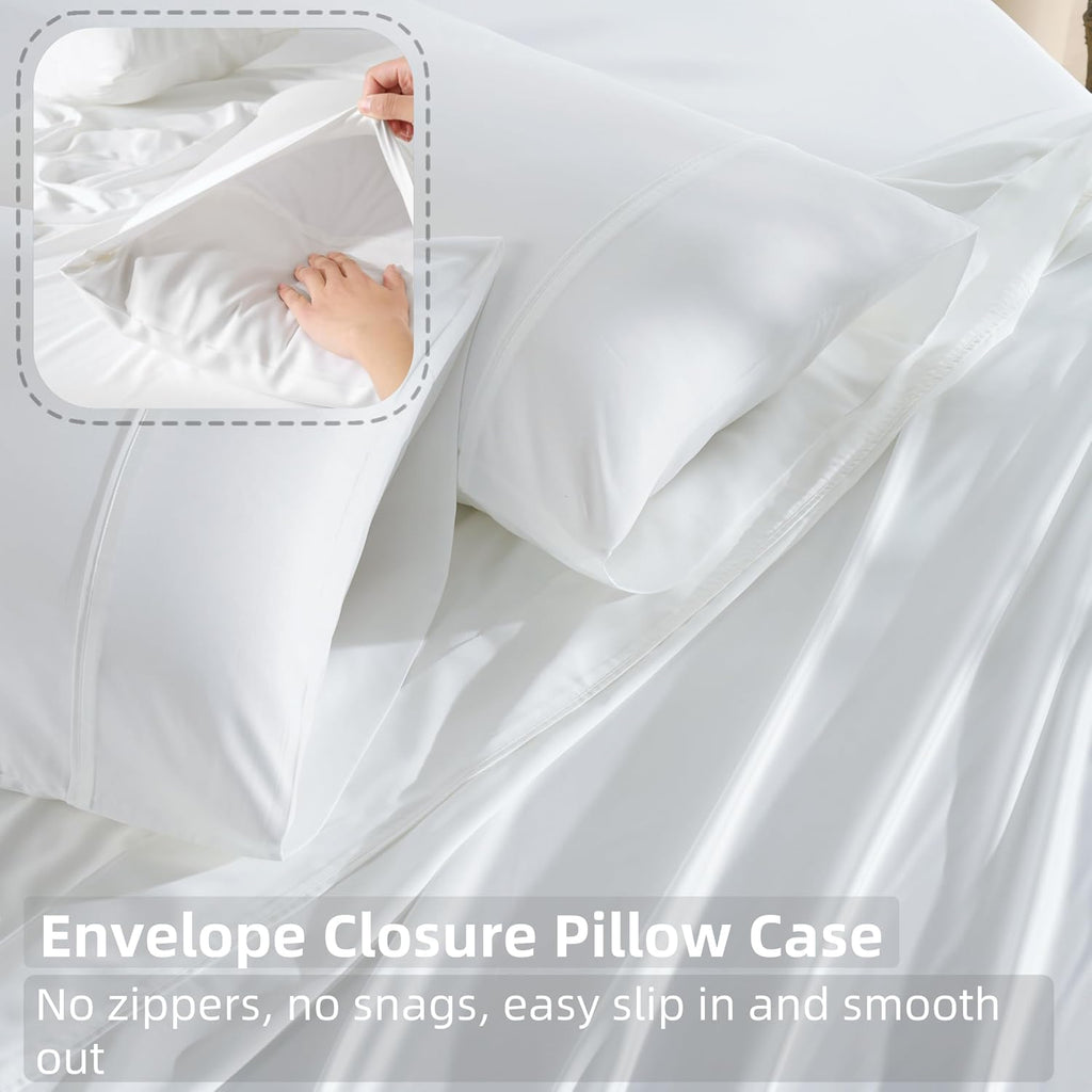 GOKOTTA Queen Size Bed Sheets 4 Piece Set, FSC® Certified Rayon Derived from Bamboo, Luxury Breathable and Silky Soft Sheets, Deep Pocket 16' Fitted Sheet with Elastic Corner Straps -Bright White