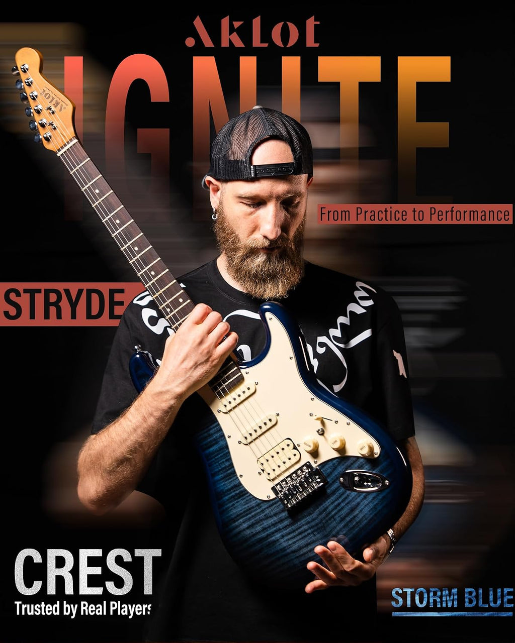 AKLOT Beginner Electric Guitar Kit: 10W Amp, Coil-Split HSS Pickups, Lesson Book, Roasted Maple Neck, Gig Bag, Tuner, Strap, Picks, Stryde Storm Blue