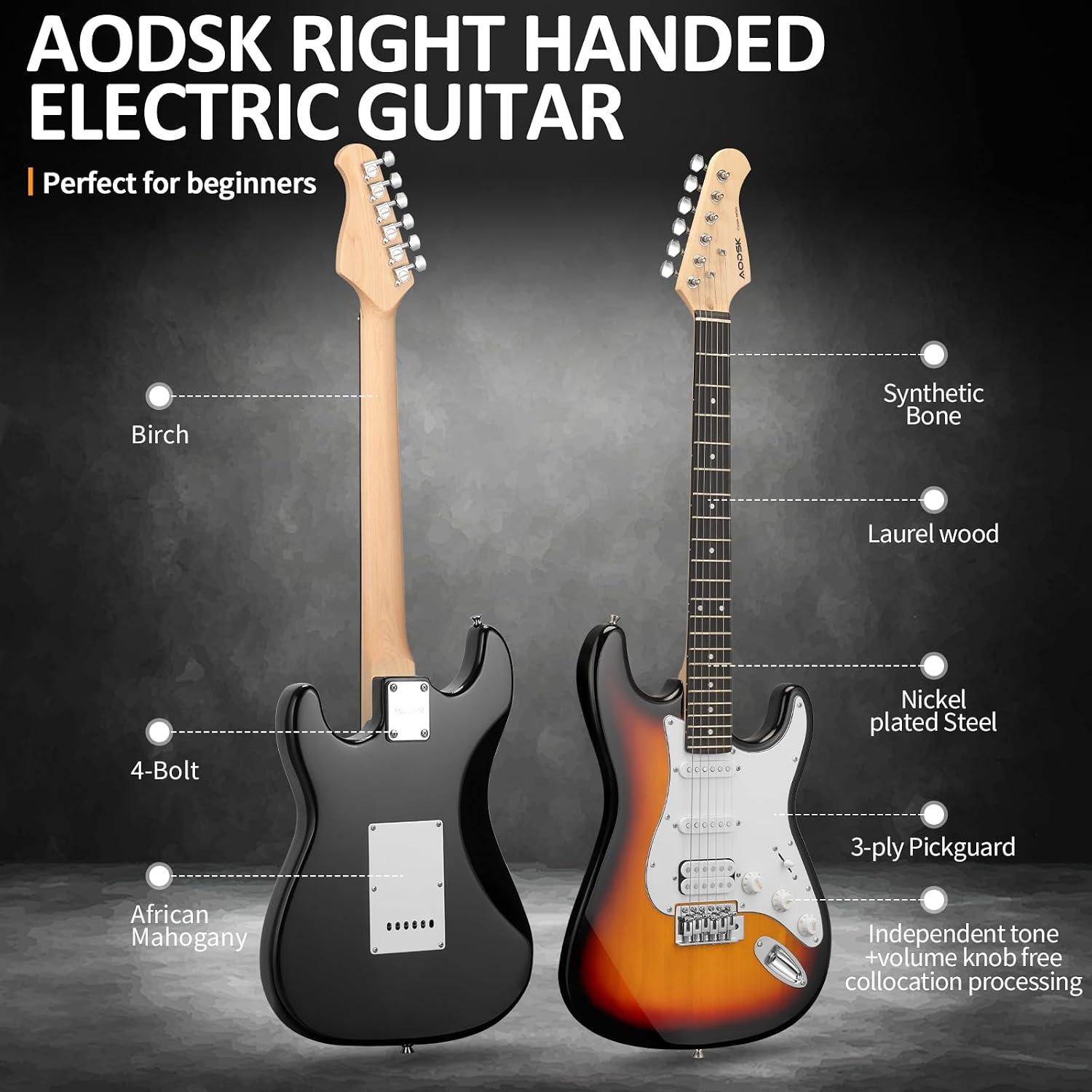 AODSK Electric Guitar with Amp Beginner Kit 39 Inch Solid Body Full Size,All Accessories,Digital Tuner,Six Strings,Four Picks,Tremolo Bar,Strap,Gig Bag,Starter kit (Sunburst-HSS)