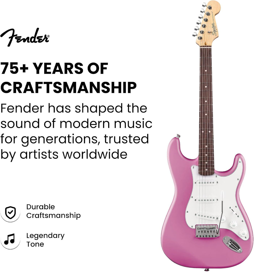 Fender Squier Stratocaster - Flash Pink Bundle with Amplifier, Gig Bag, Instrument Cable, Strap, Picks, and Austin Bazaar Instructional DVD