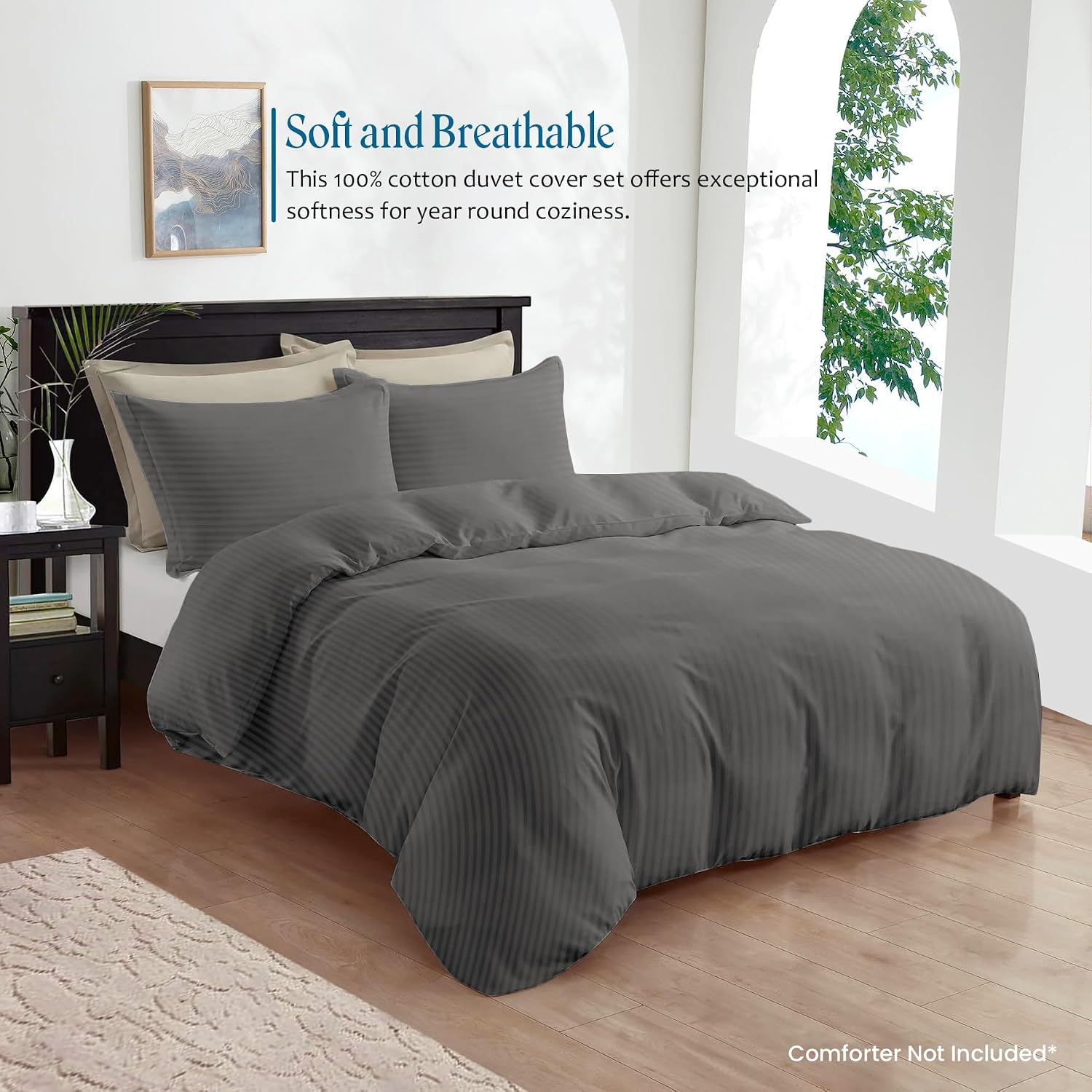 800TC 3 Sided Zipper Duvet Cover Set Soft Egyptian Cotton 3 Sided Zipper Closure, 3 PCS 1-Duvet Cover & 2- Pillow Shams - King-XL Size (98' x 116') Inches, (Dark Grey Stripe)