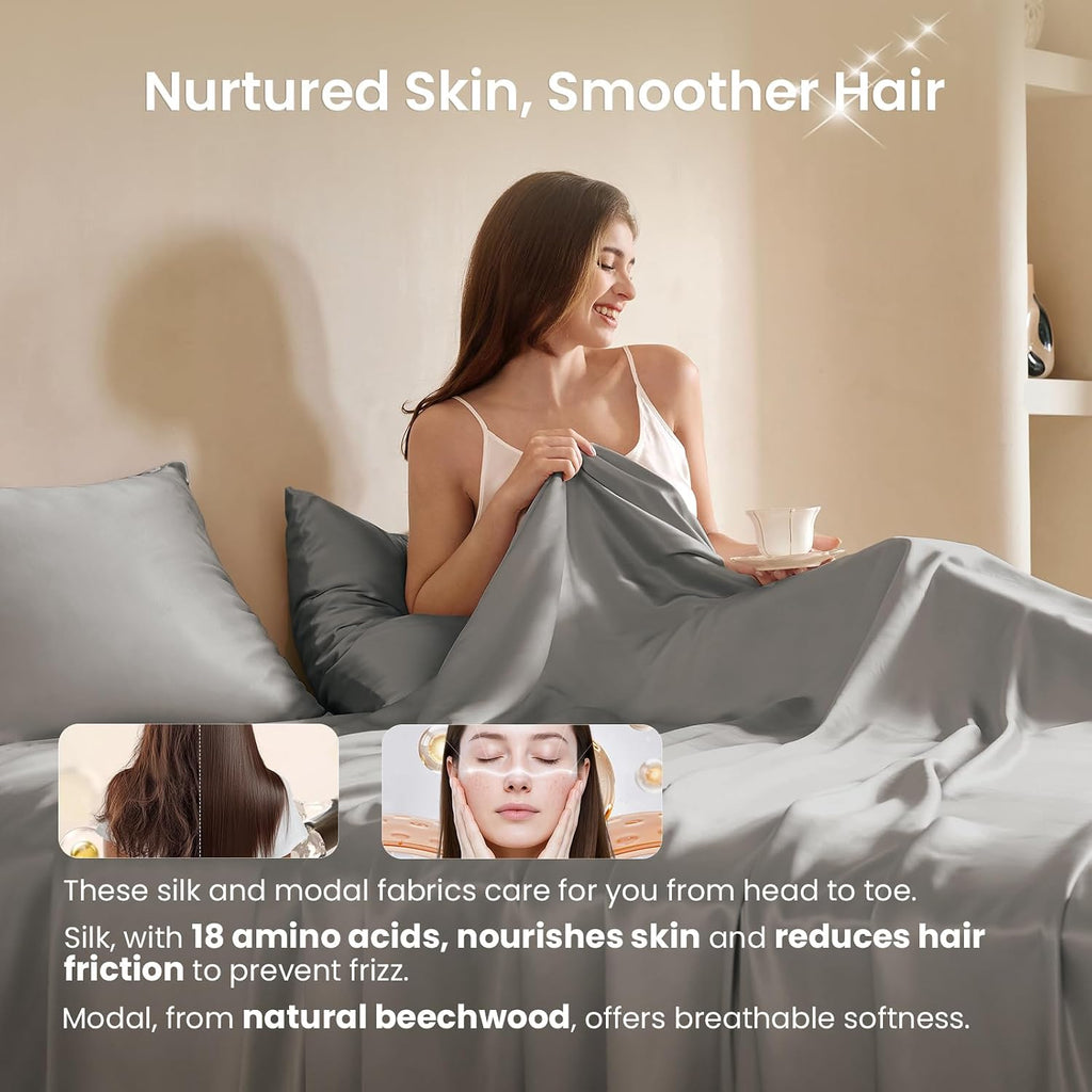 THXSILK Luxury Mulberry Silk Bed Sheets Set - 4pcs Silk Sheets Set 16' Deep Pocket - 1 Fitted Sheet, 1 Flat Sheet, 2 Pillowcases with Zipper Closure - Full, Grey