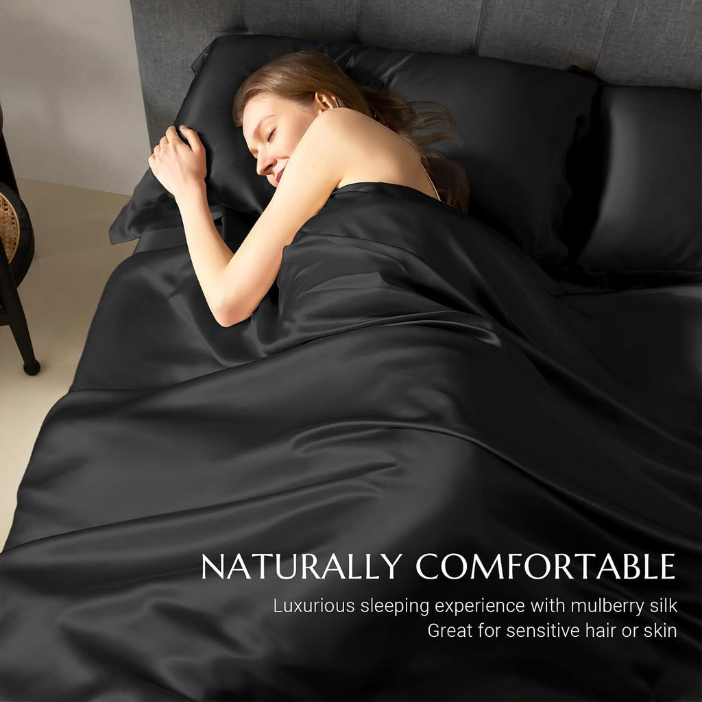 THXSILK Silk Duvet Cover, 100% 7A+ Mulberry Silk Comforter Cover, Seamless, Breathable, Easy Care Zipper Closure, 1 Duvet Cover Only - Queen, Black