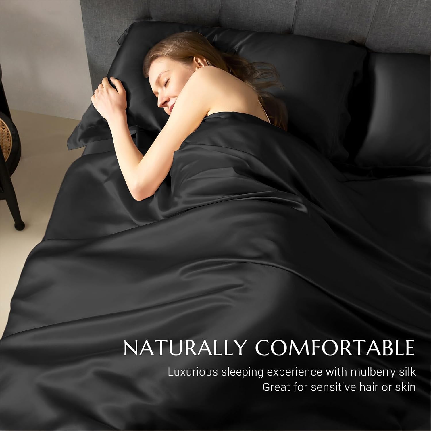 THXSILK Silk Duvet Cover, 100% 7A+ Mulberry Silk Comforter Cover, Seamless, Breathable, Easy Care Zipper Closure, 1 Duvet Cover Only - Queen, Black