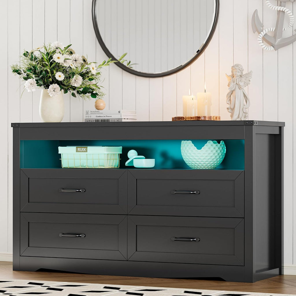 Dresser for Bedroom with 4 Drawers, Farmhouse Chest of Drawers with Natural Texture and LED Lights, Wide Wood Rustic Closet Storage Organizer, Modern Dresser TV Stand for Living Room, Entryway, Black