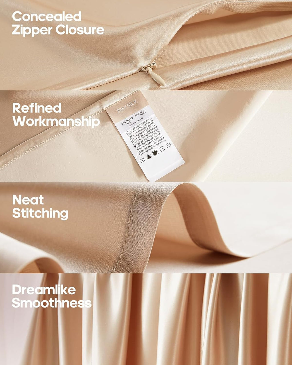 THXSILK Silk Sheet Set 3 Pcs, Queen Size Sheet Set, Soft Breathable Bed Sheets with 1 Fitted Sheet, 2 Pillowcases with Zipper Closure, Cooling for Hot Sleeper, Champagne