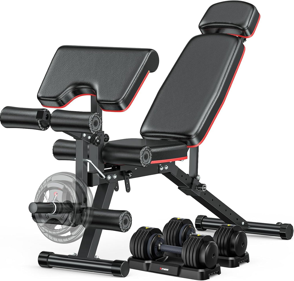 XDDIAS Workout Bench, Adjustable Weight Bench with Leg Extension and Leg Curl, Extended Headrest, 900LBS Preacher Curl Bench Incline Decline Flat Workout Bench for Home Gym Full Body Exercise