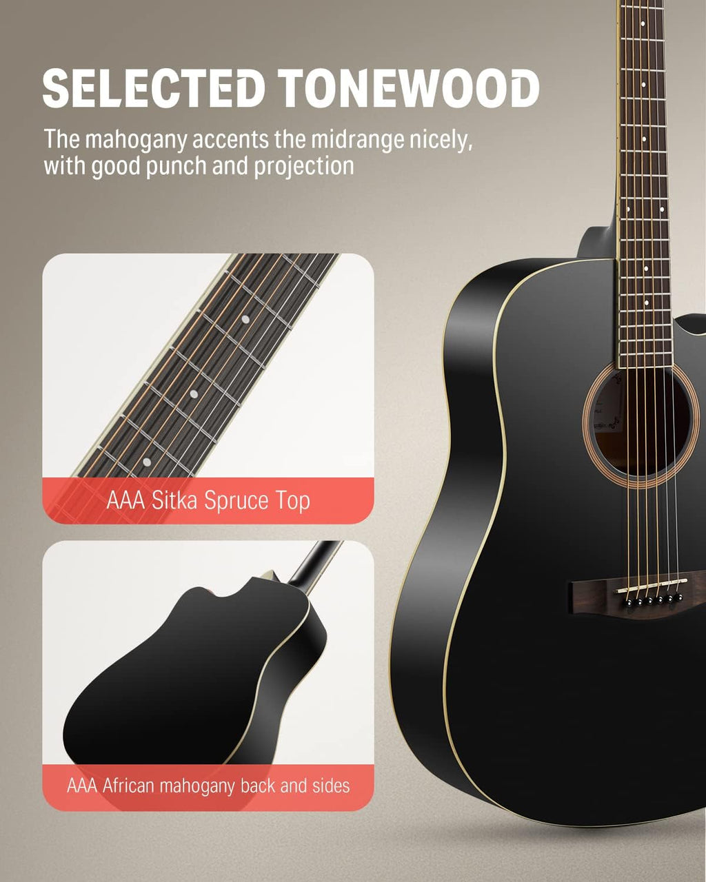 Donner Black Acoustic Guitar for Beginners, Adult, Teens, Starter Kits - Full Size 41'' Steel-String Acustica Guitarra Bundle Set with Free Online Lesson, Gig Bag, Strap, Tuner, Cutaway, DAG-1CB