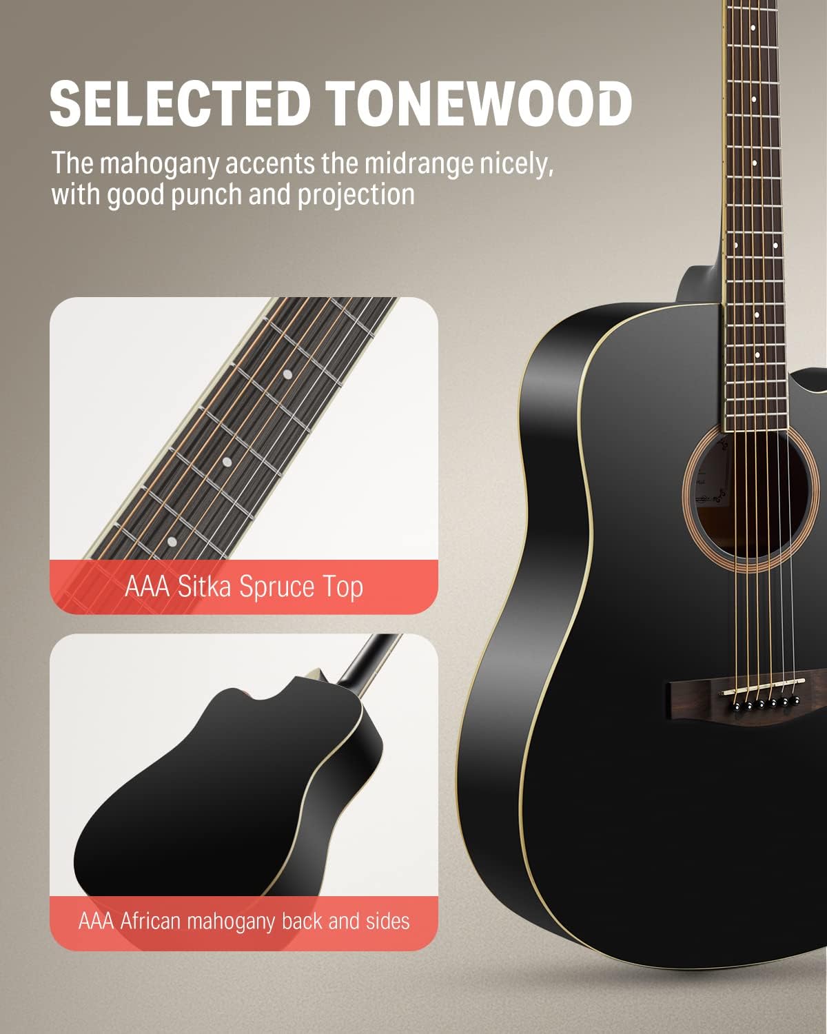 Donner Black Acoustic Guitar for Beginners, Adult, Teens, Starter Kits - Full Size 41'' Steel-String Acustica Guitarra Bundle Set with Free Online Lesson, Gig Bag, Strap, Tuner, Cutaway, DAG-1CB