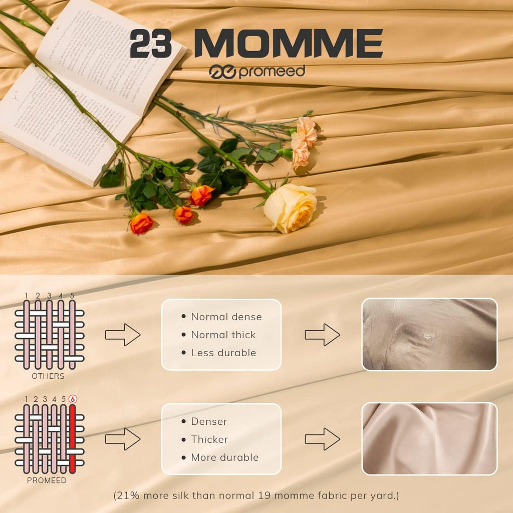 PROMEED 100% Mulberry Silk Fitted Sheet Set, 23 Momme Deep Pocket Natural Silk Fitted Sheet and Pillowcase Set for Twin XL Size Bed, 2pcs (Gold, Twin XL)