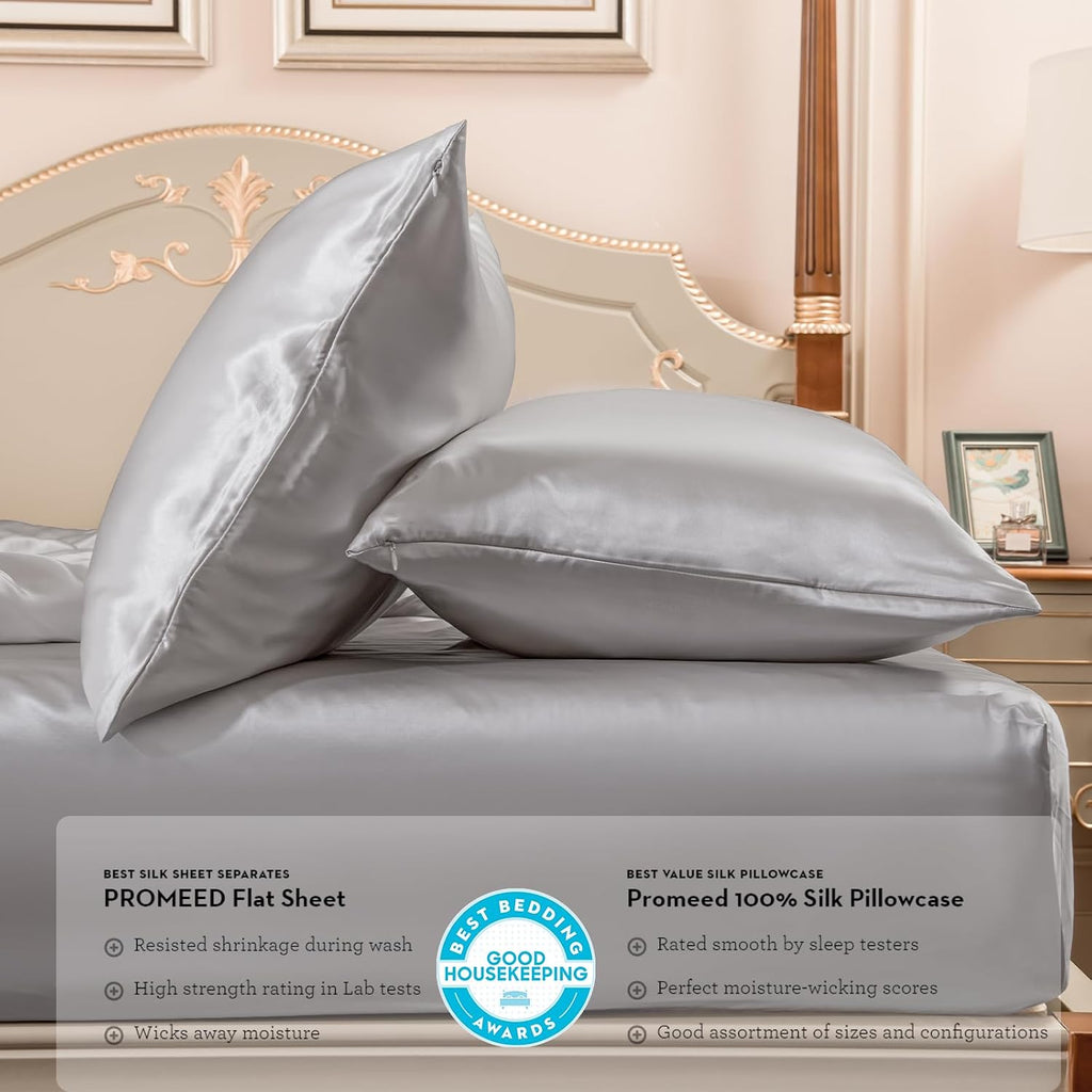 PROMEED 22 Momme Silk Sheet & Pillowcase Sets with Deep Pocket Fitted Bed Sheet and Pillowcases, All Premium Grade 6A Mulberry Silk Bed Set 3 Piece (Light Grey, California King)
