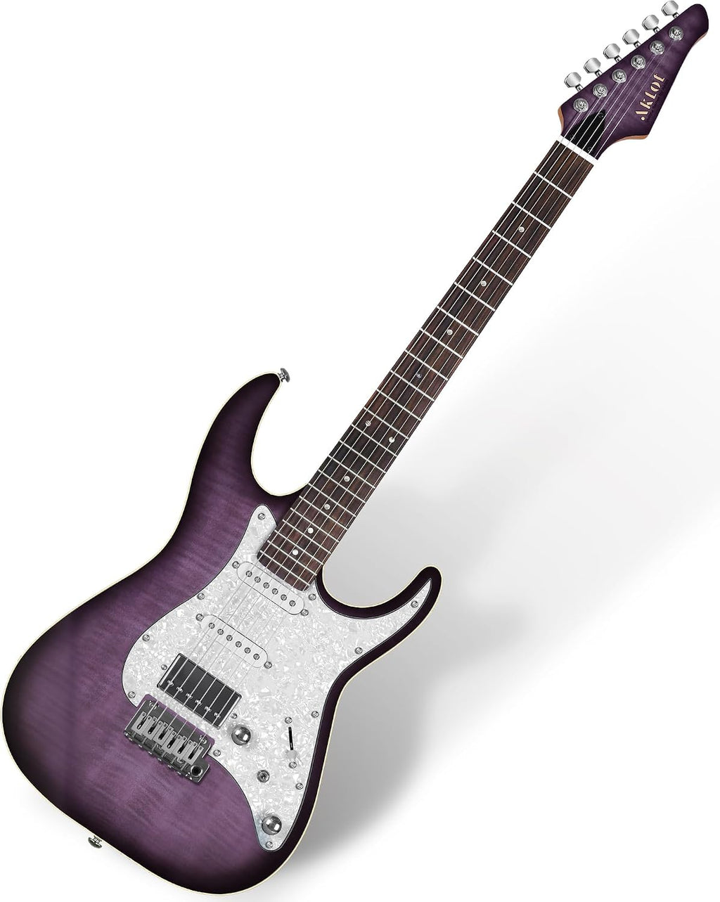 AKLOT Solid Body Electric Guitar - Flame Maple Top, HSS Alnico V Pickups with Coil-Split, Roasted Maple Neck, Locking Tuners, Veltrix Series, Violet Venom
