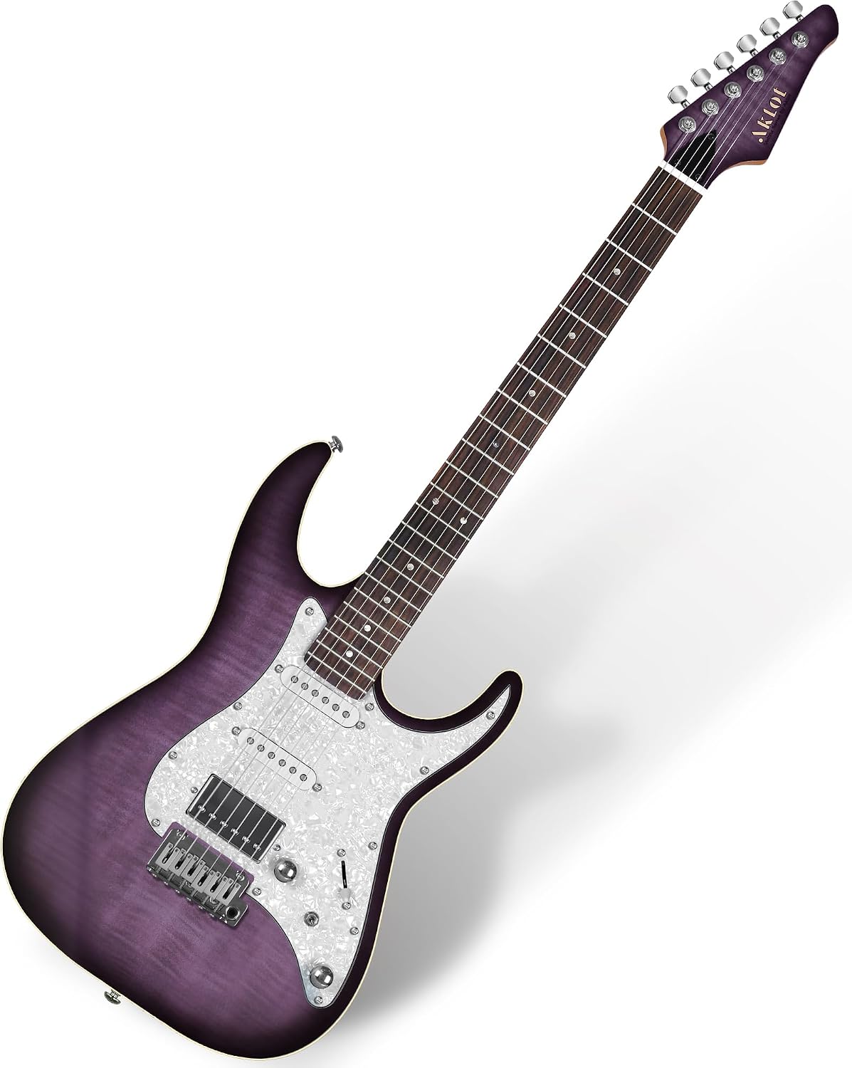 AKLOT Solid Body Electric Guitar - Flame Maple Top, HSS Alnico V Pickups with Coil-Split, Roasted Maple Neck, Locking Tuners, Veltrix Series, Violet Venom